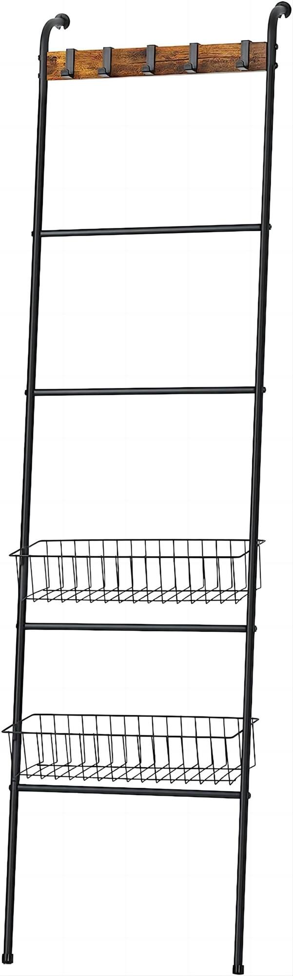 NEX™ 64" Black Blanket Ladder Leaning Towel Holder with 2 Metal Baskets